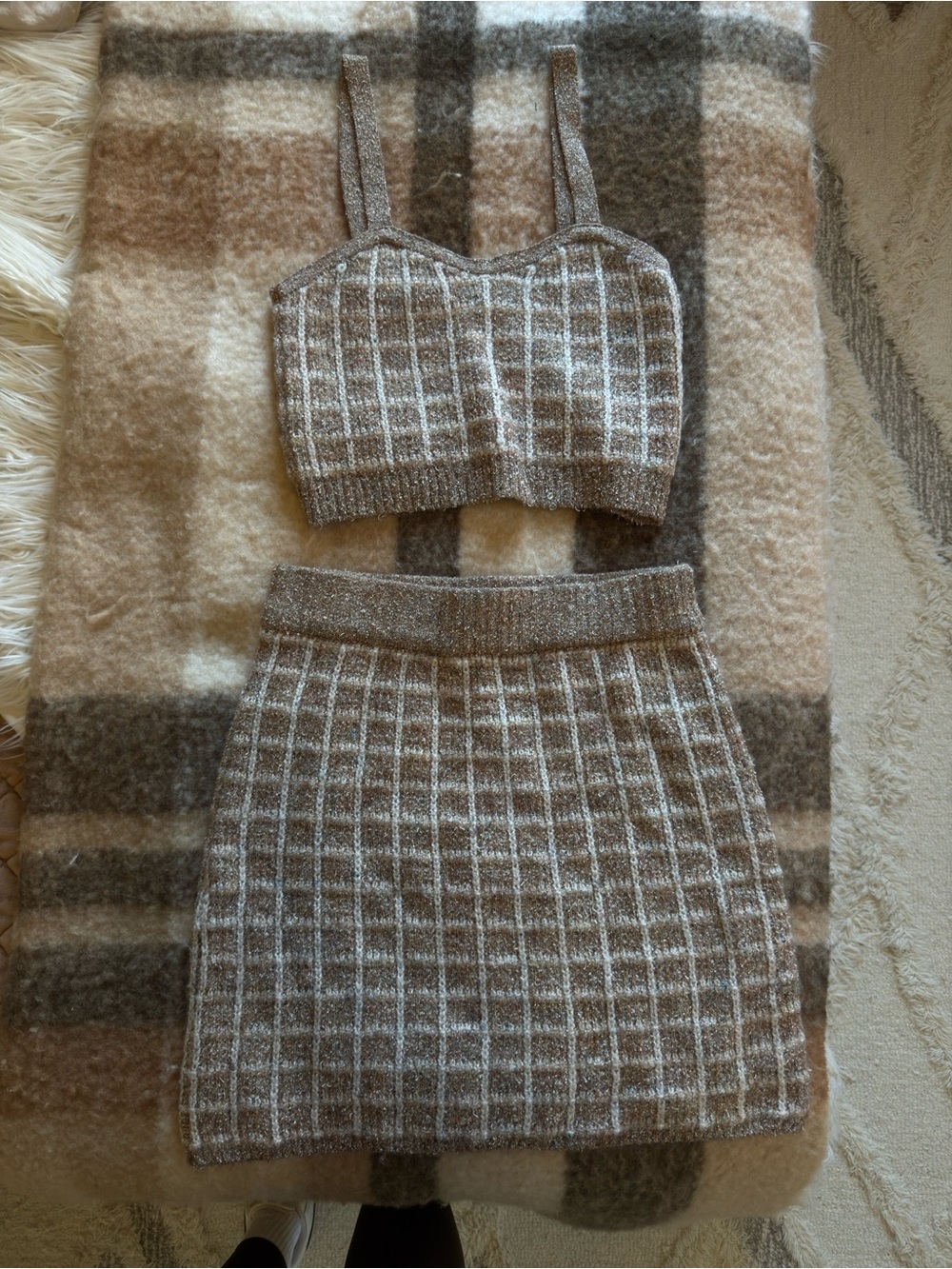 Mango Brown Plaid Knit Mini Skirt & Cami Set